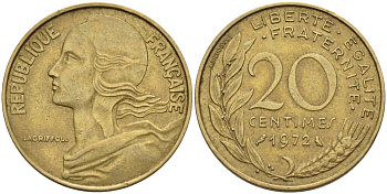 ФРАНЦИЯ 20 САНТИМОВ 1972 ТИП MARIANNE KM 930, LE FRANC 156.12 медь алюминий никель 4573-1043