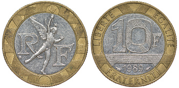 Франция 10 франков 1989 тип гений Бастилии KM 964.1, Le Franc 375.3 биметалл 45-613