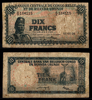 Бельгийское Конго 10 франков 1958 Pick 30 b бумага 8602-28-2-1
