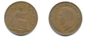 Великобритания 1 пенни 1944 Георг VI (1936-1952) KM 845, Spink 4114 бронза 89-215