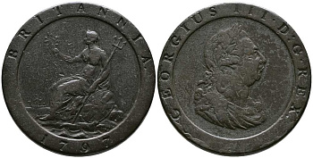 Великобритания 1 пенни 1797 Георг III (1760-1820) KM 618, Spink 3777 медь 1518-241