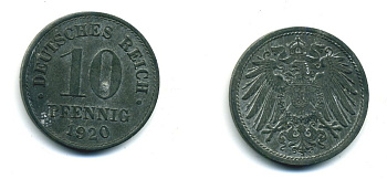 ГЕРМАНИЯ 10 ПФЕННИГОВ 1920 KM 26, J. 299 цинк 54-517