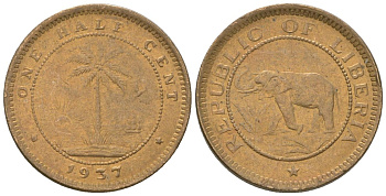 Либерия 1/2 цента 1937 KM 10 латунь aUNC 4585-835