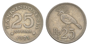 Индонезия 25 рупий 1971 венценосный голубь KM 34 медно-никель 4644-1237