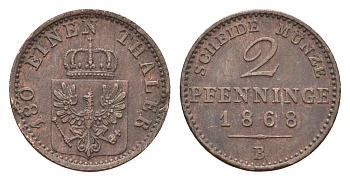 Пруссия 2 пфеннига 1868 B, Вильгельм I (1861-1888) KM 481 медь 4151-1154