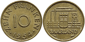 Саарланд 10 франков 1954 индустрия KM 1 алюминиевая бронза 87-231