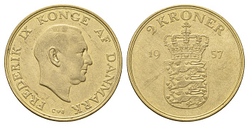 Дания 2 кроны 1957 С, Фредерик IX (1947-1972) KM 838 алюминиевая бронза 4680-236