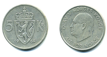 НОРВЕГИЯ 5 КРОН 1964 KM 412 медно-никель 80-615