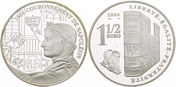 Франция 1 1/2 евро 2004 200 лет со дня коронации Наполеона Бонапарта KM 1366 серебро PROOF 1088-5-63