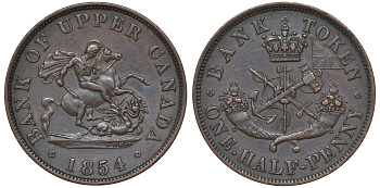 Канада 1/2 пенни 1854 банка Верхней Канады, Upper Canada CCT PC-5C, Breton His 720, KM Tn2 медь 1531-135