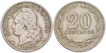 Аргентина 20 сентаво 1899 KM 36 медно-никель 4621-1058