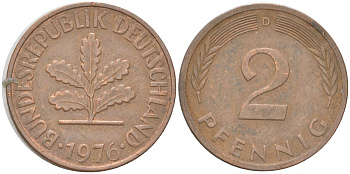 ФРГ 2 пфеннига 1976 D KM 106a сталь плакированная медью 4613-1221