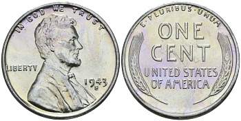 США 1 цент 1943 S (Сан-Франциско), Авраам Линкольн KM 132 a сталь плакированная цинком 96-1166
