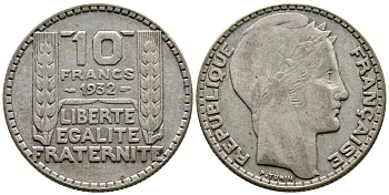 Франция 10 франков 1932 Пьер Тюрен KM 878, Le Franc 360.5 серебро 93-157
