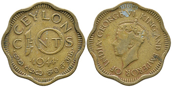 ЦЕЙЛОН 10 ЦЕНТОВ 1944 ГЕОРГ VI KM 118 никель латунь 34-822