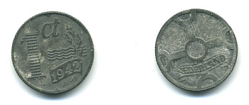 НИДЕРЛАНДЫ 1 ЦЕНТ 1942 ВИЛЬГЕЛЬМИНА (1890-1948) KM 170 цинк 54-741