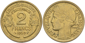 ФРАНЦИЯ 2 ФРАНКА 1939 ТИП MORLON KM 886, LE FRANC 268.12 алюминиевая бронза 3855-125