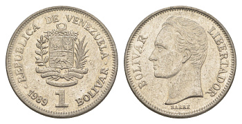 Венесуэла 1 боливар 1989 Симон Боливар, тонкий шрифт Y 52a.1 сталь плакированная никелем 4589-835
