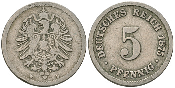Германия 5 пфеннигов 1875 В, старогербовка KM 3, J.3 медно-никель 4385-636