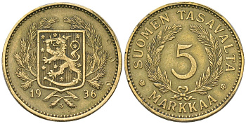 Финляндия 5 марок 1936 S, редкий год, тираж 470.000 KM 31 алюминиевая бронза 00-00