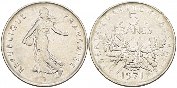 Франция 5 франков 1971 сеятель KM 926a.1, Le Franc 341.3 медно-никель плакированный никелем 109-816