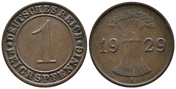 ГЕРМАНИЯ 1 РЕЙХСПФЕННИГ 1929 A KM 37, J. 313 бронза 39-1023