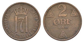 Норвегия 2 эре 1928 Хокон VII (1905-1957) KM 371 бронза 4635-253