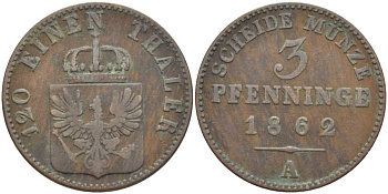 ПРУССИЯ 3 ПФЕННИГА 1862 А, ВИЛЬГЕЛЬМ I (1861-1888) KM 482 медь 117-1053