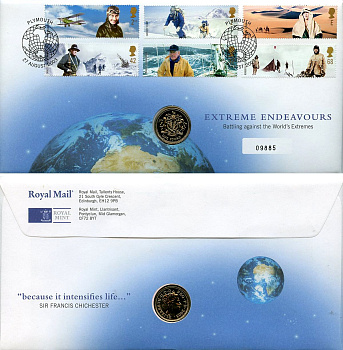 Великобритания 1 фунт 2003 Елизавета II (1952-2022), в оригинальном конверте, с марками, первый день гашения KM 993, Spink J13 медно-никель BU 4-3-8-57