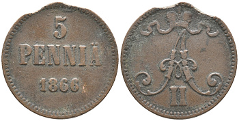 РОССИЯ ДЛЯ ФИНЛЯНДИИ 5 ПЕННИ 1866 АЛЕКСАНДР II KM 4.1 медь 28-1255