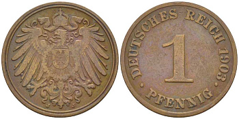 ГЕРМАНИЯ 1 ПФЕННИГ 1903 J KM 10, J. 10, Weege 2 медь 211-314