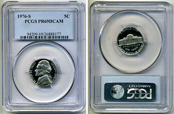 США 5 центов 1976 S, президент Джеферсон, в слабе PCGS PR69CAM KM А192 медно-никель PROOF 15-002-18