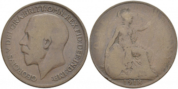 Великобритания 1 пенни 1918 Георг V (1910-1936) KM 810, Spink 4051 бронза 3996-241