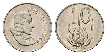 ЮАР 10 центов 1966 Ян ван Рибек (1619-1677), Suid Africa, легенда на африкаанс, цветок алоэ KM 68.2 никель 4687-335