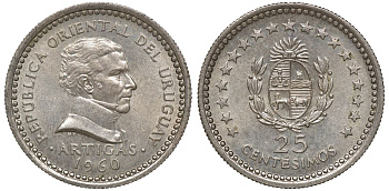 Уругвай 25 сентесимо 1960 KM 40 медно-никель 4169-836