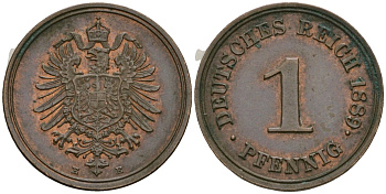 Германия 1 пфенниг 1889 E, Вильгельм I (1871-1888) KM 1, J. 1 медь 4608-557