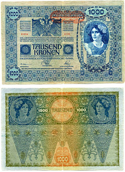 АВСТРИЯ 1000 КРОН 1919 ВЕНА, 2 ЯНВАРЯ 1902, КРАСНАЯ ГОРИЗОНТАЛЬНАЯ НАДПЕЧАТКА Pick 56 бумага VF-XF 8607-51-1