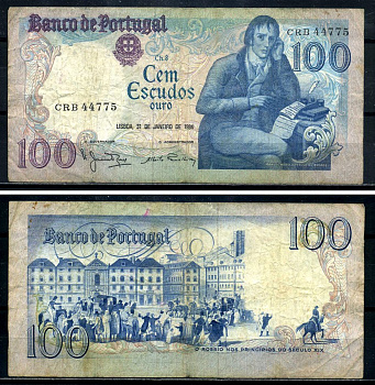 Португалия 100 эскудо 1984 Бокаже Мануэль Мария Барбоза, 31 января 1984, signatures: Manuel Jacinto Nunes & Alberto Jos? dos Santos Ramalheira Pick 178c(7) бумага 8590-10-3-2