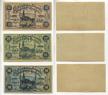 АВСТРИЯ НАБОР ИЗ 3 БАНКНОТ 1920 ДО 31 ДЕКАБРЯ 1920, НОТГЕЛЬД, 10, 20, 50 ГЕЛЛЕРОВ, NUSSDORF am GRAISEN бумага XF 6278-28-2