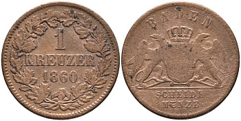 Баден 1 крейцер 1860 Великий Герцог Фридрих I (1856-1907) KM 242 медь 117-453