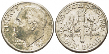 США 10 ЦЕНТОВ = 1 ДАЙМ 1988 D, РУЗВЕЛЬТ KM 195a медь плакированная медно-никелем 3996-1043