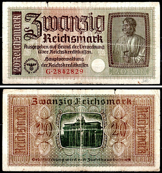 Германия 20 рейхсмарок ND (1940-1945) Pick R139 бумага 8595-25-1-2