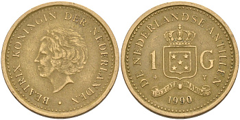Нидерландские Антилы 1 гульден 1990 Беатрикс (1980-2013) KM 37 позолоченная сталь 210-1252