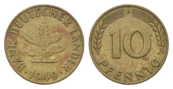 ФРГ 10 пфеннигов 1949 F KM 103, J. 378 сталь плакированная латунью 4618-1133