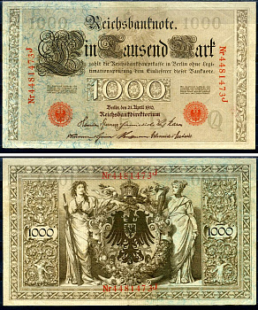 Германия 1000 марок 1910 21 апреля 1910, красная печать, номер семизначный, серия J, буква O, выпуск АПРЕЛЬ - ИЮЛЬ 1918 Pick 44 b бумага 2194-39-2-1