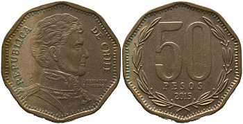 Чили 50 песо 2015 So KM 219.2, Schon 70 алюминиевая бронза 4544-442
