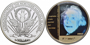 Северные Марианские острова 5 долларов 2004 Альберт Эйнштейн, формула, голограмма KM X5 серебро PROOF 1069-10-44