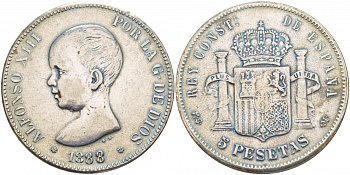 Испания 5 песет 1888 Альфонсо VIII, современная копия белый металл 4537-1013