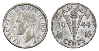 Канада 5 центов 1944 Георг VI (1936-1952) KM 40a хромированная сталь 4639-425