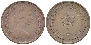 Великобритания 1/2 пенни 1974 Елизавета II (1952-2022) KM 914, Spink 4239 бронза 112-1232